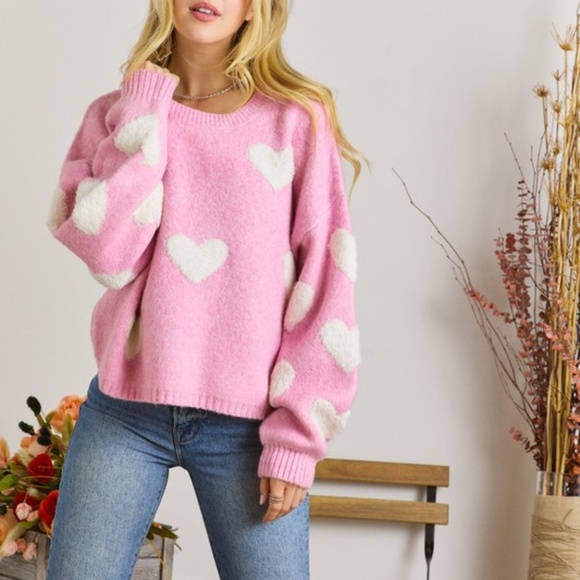 SOLD OUT Candy Pink Heart Valentines Day Crew Neck Pullover Relaxed Fit Knit - Picture 2 of 5